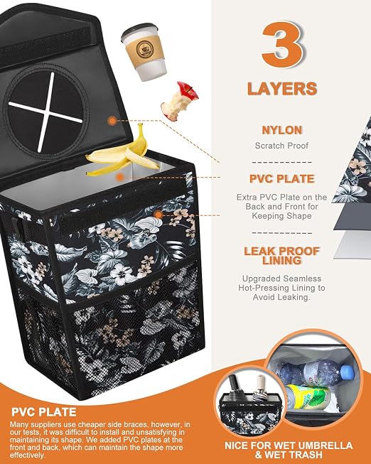 Pritent Car Trash Can with Lid, Cute Leakproof Car Trash Garbage Bag Hanging Vehicle Trash Bin Small Portable Automotive Garbage Cans Organizer for Back/Front Seat(Trapezoid,Black with Lily Print)