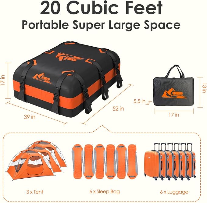 Car Rooftop Cargo Carrier Bag 20 Cubic Feet, 100% Waterproof Heavy Duty Car Roof Bag for All Vehicle with/Without Racks - Anti-Slip Mat, 6 Door Hooks, Storage Bags, 5CM Straps(Orange)