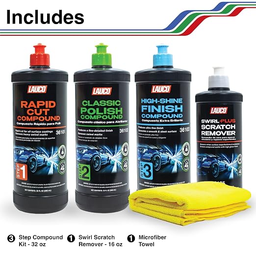 LAUCO 3-Step Kit – Steps 1 2 3 – 32oz, + Swirl Remover – 8oz, with a Towel, Professional Silicone-Free Cutting, Polishing & Finishing Compounds for Scratch Removal, Clear Coat Safe High-Gloss Finish