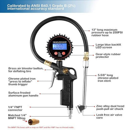 CZC AUTO Digital Tire Inflator Pressure Gauge, LED Display Tyre Deflator Gage with Dual Head Chuck Rubber Hose MNPT Fitting, Compatible with Air Pump Compressor for Truck RV Car Motorcycle Bike Bus