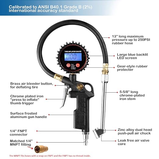 CZC AUTO Digital Tire Inflator Pressure Gauge, LED Display Tyre Deflator Gage with Dual Head Chuck Rubber Hose MNPT Fitting, Compatible with Air Pump Compressor for Truck RV Car Motorcycle Bike Bus