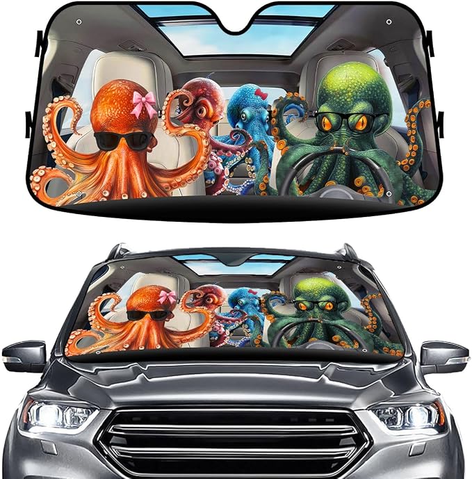 GENANY Colorful Octopus Windshield Cover for Car SUV Truck (55x30 Inches), Foldable Heat Shield, Shades for Front Windows, Protector Blocks UV, Car Decor