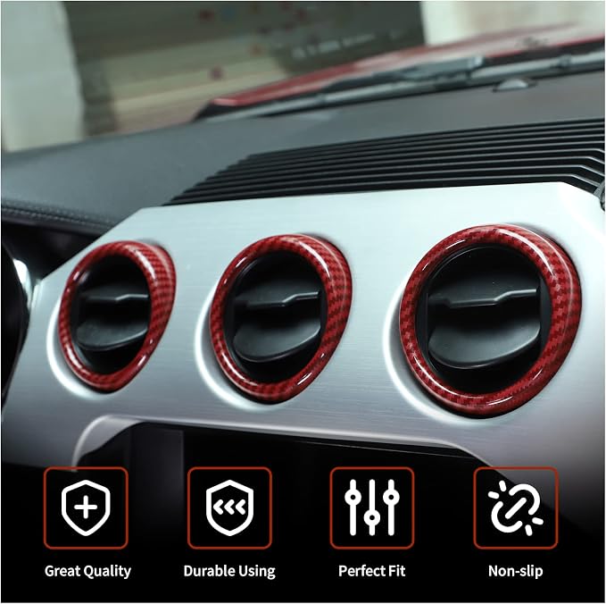 RT-TCZ Center Console Air Conditioner Outlet Vent Trim Cover Ring Interior Accessories for Ford Mustang 2015-2022,3PCS (Red Carbon Fiber Grain)