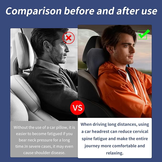 2 Pack Car Headrest Pillow, Comfy Head Rest Pillow for Car, 100% Memory Foam Car Neck Pillow for Driving - Universal Fit Travel Car Pillow for Pain Relief While Driving(Comes with 2 Eye Masks)