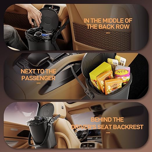 Waretary Trash Can for Car Garbage: Leakproof Silicone Car Waste Bin w/Lid for Drivers and Passengers; 2 Gallon Garbage Container for Vehicle, Sedan, SUV, Van, MPV & Truck (Black)