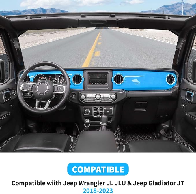 for JL Dashboard Decorative Panel Cover, Center Console Trim Cover Kit Compatible with 2018-2023 Jeep Wrangler JL JLU & Jeep Gladiator JT(Light Blue)