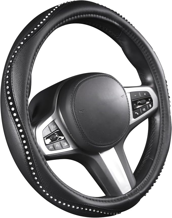 AUTOYOUTH Bling Steering Wheel Cover - Crystal Studded Rhinestone Non-Slip Breathable Design for Women/Girls, Universal Fit 14.5-15 Inch Black