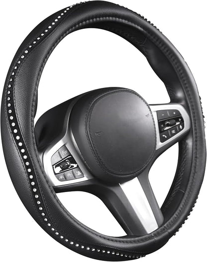 AUTOYOUTH Bling Steering Wheel Cover - Crystal Studded Rhinestone Non-Slip Breathable Design for Women/Girls, Universal Fit 14.5-15 Inch Black