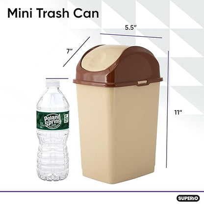Superio Mini Desktop Trash Can with Swing Top Lid Portable Plastic Garbage Can for Countertop, Desktop, Make up Vanity, Bathroom, Car, Under Sink, Dorm, Compact Waste Bin 5 L, 1.25 Gal (3, Beige)