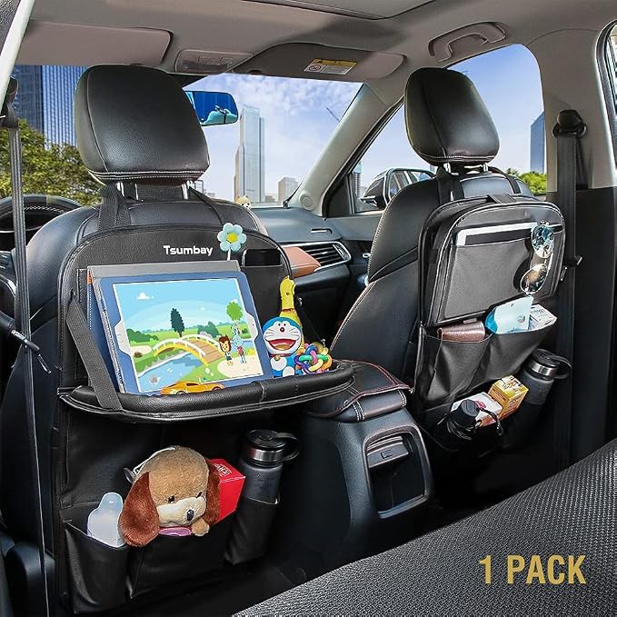 Tsumbay Car Backseat Organizer with Tablet Holder,9 Storage Pockets Foldable Table Tray Seat Back Protectors Kick Mats -PU Leather 1Pck