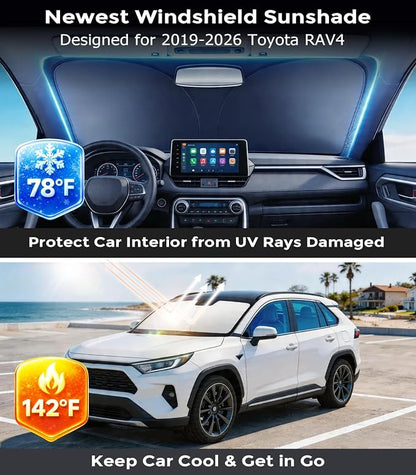 DMJN Front Windshield Sun Shade for Toyota RAV4 (2019-2026), [Nano Ice-Crystal Coatings] UPF50+ Heat & UV Block, Protect Car Interior & Keep Cool, Flodable Steel-Ring Car Cover for Summer