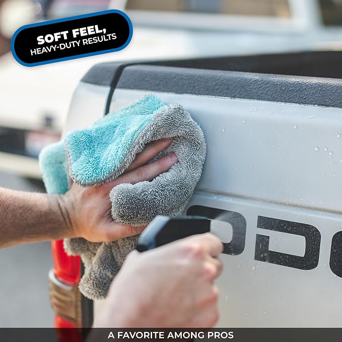 The Rag Company, The Liquid8r, Absorbent 70/30 Blend Microfiber Drying Towel for Cars, Trucks, and SUVs, Safe for Detailing, Scratch-Free, Twist Loop, 1100 GSM, 16x16 Inches, Aqua Blue/Grey, 2-Pack