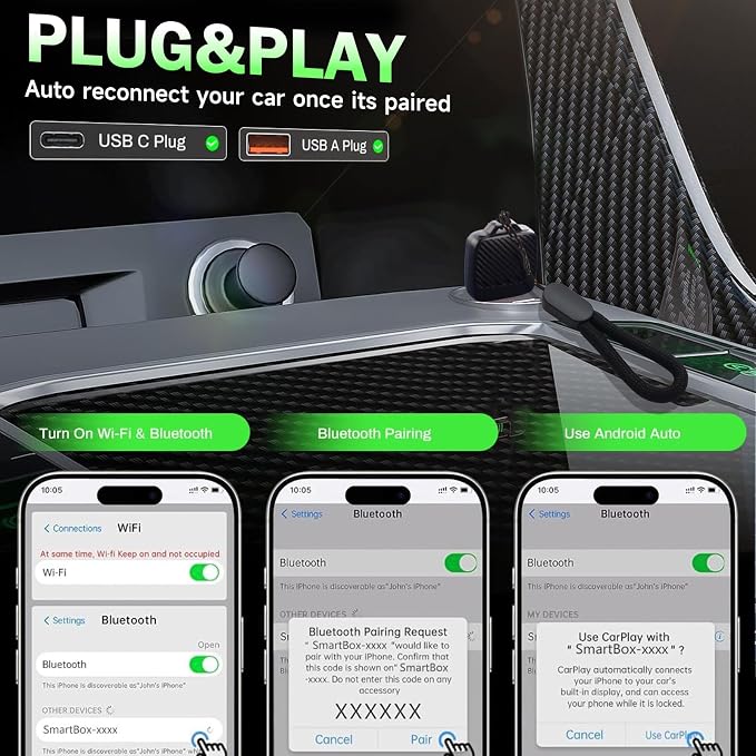 Wireless Carplay Adapter (2025 Upgrade), Plug and Play, Convert Wired to Wireless Bluetooth Carplay Adapter for iPhone - No Latency -Micro Size