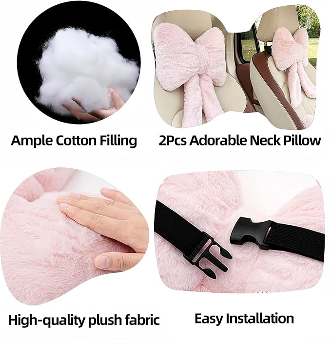 Car Neck Pillow 2PCS Plush Bowknot Car Headrest Pillow – Comfortable Neck Support for Driving Soft Touch Fabric Car Pillow Cute Interior Decor (Pink Set 4 Pcs)