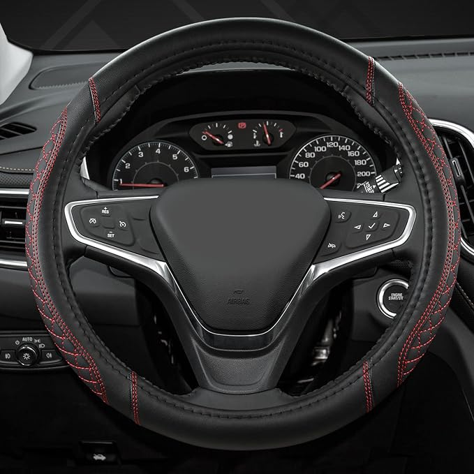 West Llama Customized Auto Car Steering Wheel Cover for Chevy Silverado,Tahoe,Equinox,Traverse,Trailblazer,Colorado (Diamond Quilted-Black+Red-Standard Size)