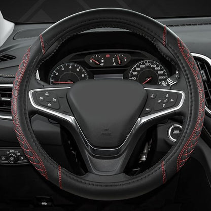 West Llama Customized Auto Car Steering Wheel Cover for Chevy Silverado,Tahoe,Equinox,Traverse,Trailblazer,Colorado (Diamond Quilted-Black+Red-Standard Size)