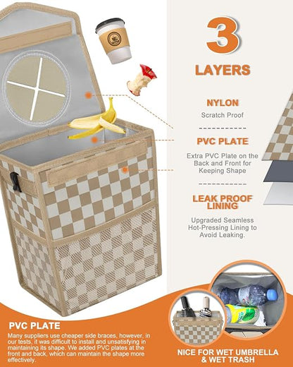 Pritent Car Trash Can with Lid, Cute Leakproof Car Trash Garbage Bag Hanging Vehicle Trash Bin Small Portable Automotive Garbage Cans Organizer for Back/Front Seat(Trapezoid,Khaki Checkered)