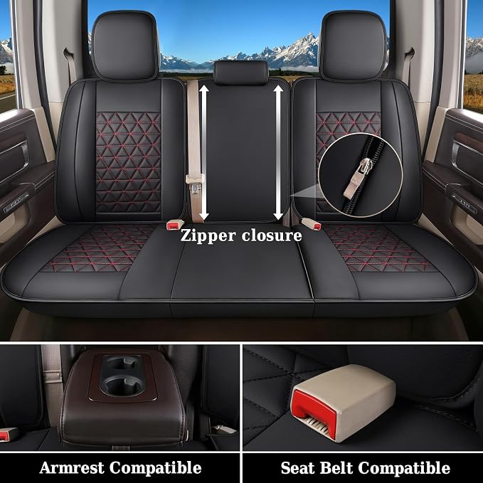 Coverado Leather Car Seat Covers, Waterproof Dooge Ram 1500 Seat Covers Compatible with 2002-2026 Dodge Ram 1500 2500 3500 with Flat Bench (Full Set, Black&Red line)