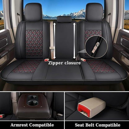 Coverado Leather Car Seat Covers, Waterproof Dooge Ram 1500 Seat Covers Compatible with 2002-2026 Dodge Ram 1500 2500 3500 with Flat Bench (Full Set, Black&Red line)