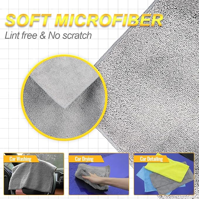 Car Wash Drying Towels, 450gsm Ultra-Thick Absorbent Lint-Free Extra Soft Microfiber Rags for Car Detailing, Interior & Exterior Cleaning Cloths, 16in x 16in - Microfiber, Grey, 6 Packs