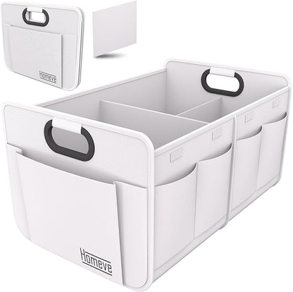 Homeve Car Trunk Organizer for SUV, 18.5Gal Large Capacity No-Sag Heavy Duty, Foldable Waterproof Anti-Slip Storage with 12 Pockets, Fit Sedan, Truck, Universal Car Accessories, White, 2 Compart,Large