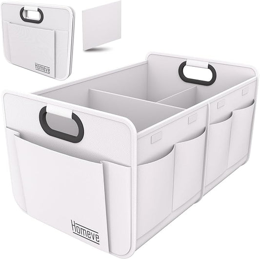 Homeve Car Trunk Organizer for SUV, 18.5Gal Large Capacity No-Sag Heavy Duty, Foldable Waterproof Anti-Slip Storage with 12 Pockets, Fit Sedan, Truck, Universal Car Accessories, White, 2 Compart,Large