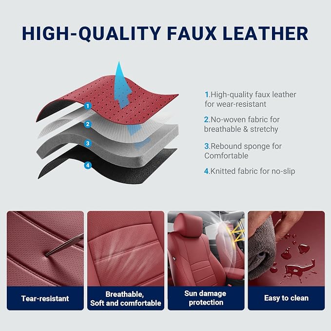 Custom for Honda Accord Seat Covers 2018 2019 2020 2021 2022 EX-L, Touring, Sport, EX, Hybrid, Faux Leather Car Seats Cover Full Set (Rear Row W/40/60 Split Backrest) - Burgundy