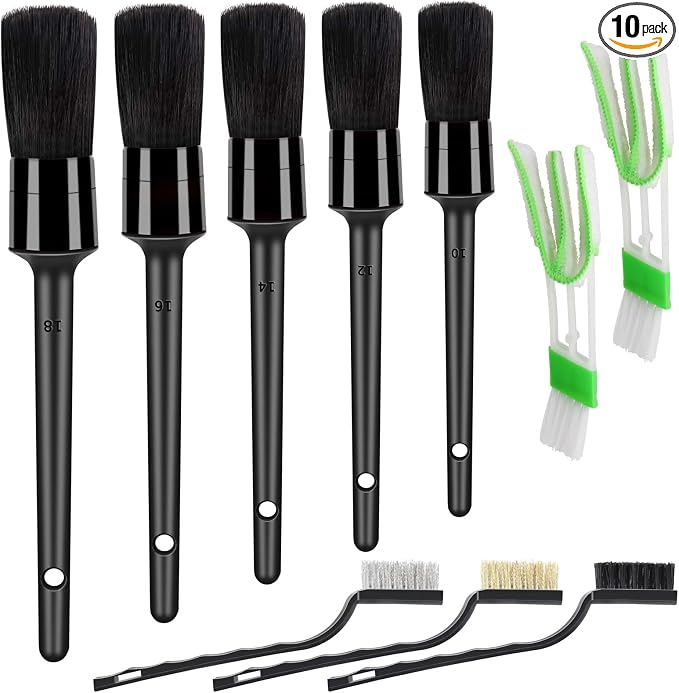 HMPLL 10pcs Detailing Brush Set, Multi-Purpose Car Detailing Brushes for Cleaning Car Interior, Exterior, Engine, Leather, Including 5 car Cleaning Brush, 3 Wire Brush, 2 Air Vent Brush,Black
