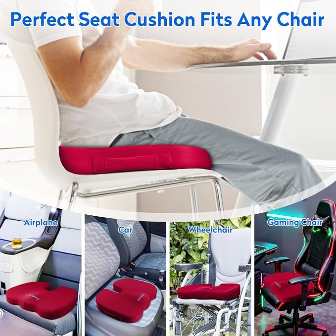 CushZone Seat Cushion, Office Chair Cushions, Car Seat Cushion, Non-Slip Sciatica & Back Coccyx Tailbone Pain Relief Chair Pad, Memory Foam (Large,Red)