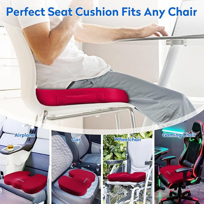 CushZone Seat Cushion, Office Chair Cushions, Car Seat Cushion, Non-Slip Sciatica & Back Coccyx Tailbone Pain Relief Chair Pad, Memory Foam (Large,Red)