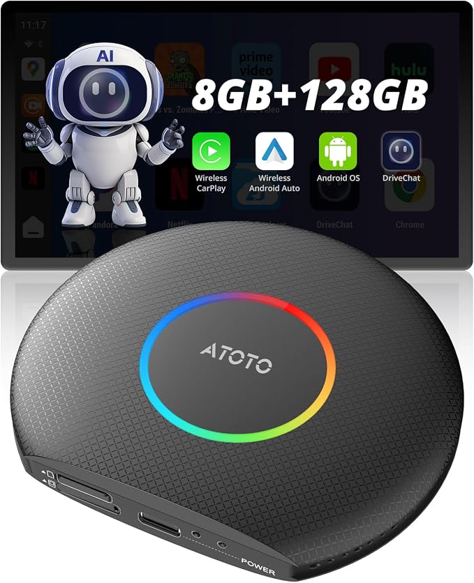 CB6 CarPlay AI Box & Android AI Box, Wireless CarPlay/AndroidAuto Adapter, Plug & Play CarWave Car Smart Box with AI DriveChat, GPS Track, Android 13, 2 BT, 4G LTE, 8G+128G, Black