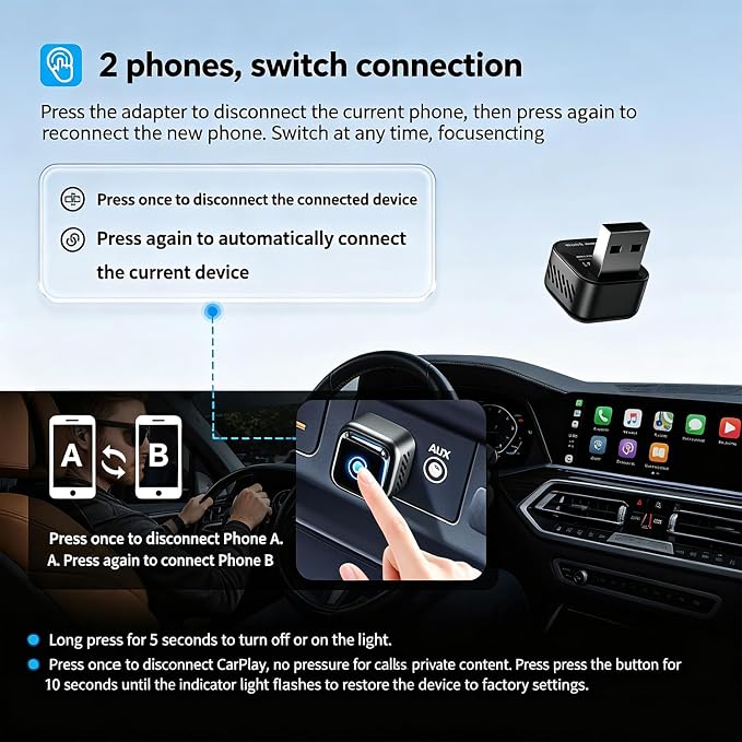 Wireless CarPlay Adapter, Low Latency Dongle for iPhone 15/14/13, Plug & Play, One-Click Switch,5s Auto Reconnect, Seamlessly Switches Between Two Phones Stable Connection, Compatible with 2018+ Cars
