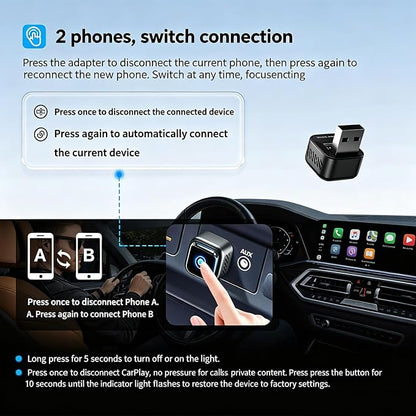 Wireless CarPlay Adapter, Low Latency Dongle for iPhone 15/14/13, Plug & Play, One-Click Switch,5s Auto Reconnect, Seamlessly Switches Between Two Phones Stable Connection, Compatible with 2018+ Cars