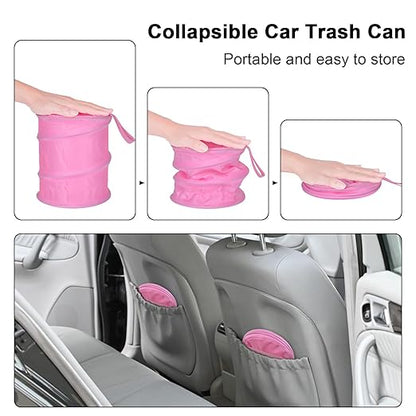 Car Trash Can, 2 Packs Mini Car Garbage Can, Collapsible Trash Bin | Pop-Up Trash Can for Car Front Back Seat, Portable Car Trash Bag Hanging for Vehicle SUV Rv Truck Accessories Interior, Pink