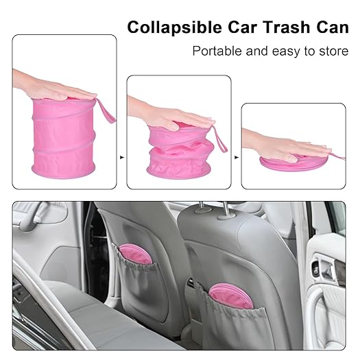 Car Trash Can, 2 Packs Mini Car Garbage Can, Collapsible Trash Bin | Pop-Up Trash Can for Car Front Back Seat, Portable Car Trash Bag Hanging for Vehicle SUV Rv Truck Accessories Interior, Pink