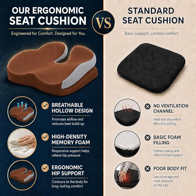 Seat Cushions for Office Chairs Wheelchair Cushion for Long Sitting Back Pain，Memory Foam Seat Car Computer Desk Chair Cushion，Coccyx Cushion for Tailbone Pain Relief Cushion Office Chair Brown