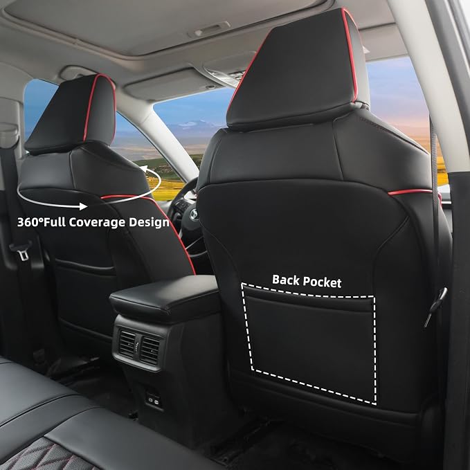 Lolcar Rav4 Seat Covers Custom Fit for Toyota Rav4 (for Hybrid) 2019-2025 LE,XLE,XLE Premium,Limited,Woodland Edition, Leather Truck Seat Cover Full Set for SUV,Faux Leather（Black with Red Trim）