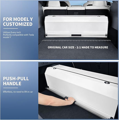 Car Trunk Suv Organizer for 2022-2023 Tesla Model Y (5-Seater), Leather Sturdy Trunk Storage Bin Box, Compartment Foldable Organizer with Lid and Push-pull Handle, White