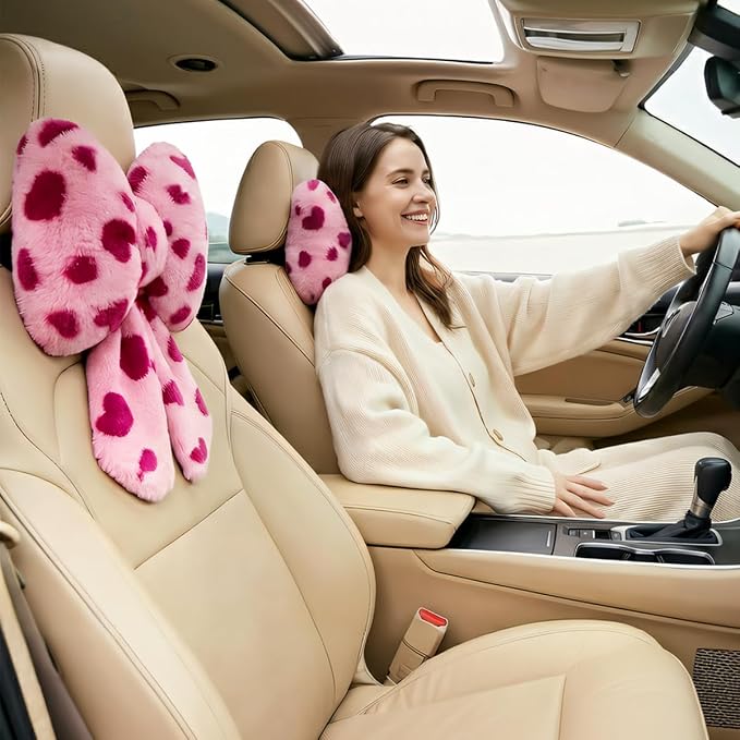 Sexysamba 2 Pcs Plush Bow Car Headrest Neck Pillow Cute Bow Pillow for Car Seat Décor Soft Neck Support for Comfortable Driving Traveling Office Fluffy Head Rest Cushion, Pink Heart Print