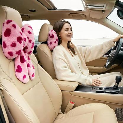 Sexysamba 2 Pcs Plush Bow Car Headrest Neck Pillow Cute Bow Pillow for Car Seat Décor Soft Neck Support for Comfortable Driving Traveling Office Fluffy Head Rest Cushion, Pink Heart Print