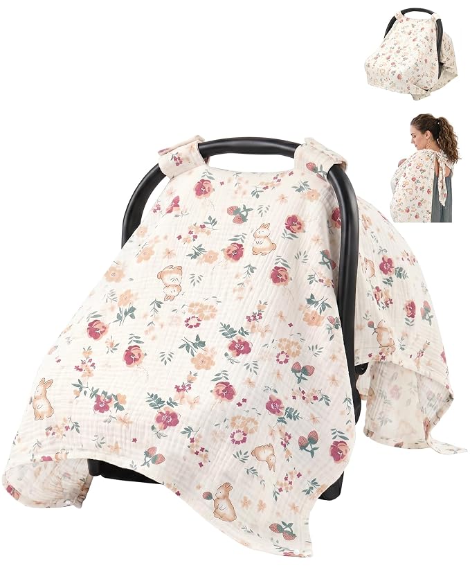 Metplus 100% Muslin Car Seat Cover Baby & Nursing Cover, Soft Breathable Infant Carseat Canopy for Summer, Stroller & Carrier Sunshade for Boys Girls (Cute Rabbit)