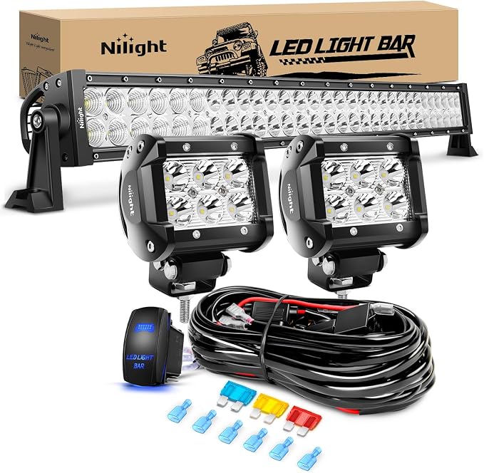 Nilight 32 Inch 180W Spot Flood Combo Led Light Bar 2Pcs 18W 4Inch Spot LED Pods Driving Off Road Lights with 14AWG Wiring Harness Kit-3 Leads for Van Car Pickup Golf Cart ATV UTV SUV Truck Boat