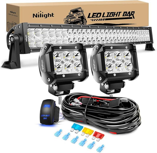 Nilight 32 Inch 180W Spot Flood Combo Led Light Bar 2Pcs 18W 4Inch Spot LED Pods Driving Off Road Lights with 14AWG Wiring Harness Kit-3 Leads for Van Car Pickup Golf Cart ATV UTV SUV Truck Boat