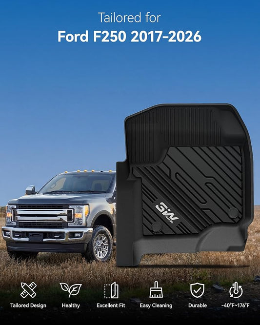 3W Floor Mats Fit for Ford F250 F350 F450 F550 2017-2025 2026 Super Duty Crew Cab with Under Seat Storage, All Weather TPE Custom Fit F 250 Floor Liner(Not for Vinyl Floor), Front Row,2-pc Black