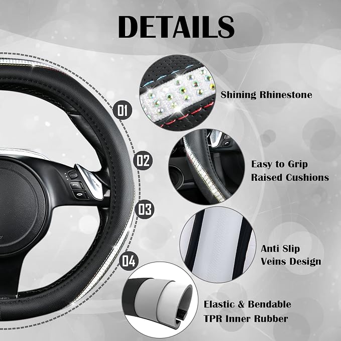 CAR PASS Bling Diamond Black Leather Steering Wheel Cover, Studded Crystal Rhinestones Universal Fit 14" 1/2-15" Glitter for Women Sparkle Girl Fit Suvs,Vans,Sedans,Car,Trucks, Multicolor Diamond