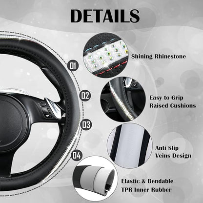 CAR PASS Bling Diamond Black Leather Steering Wheel Cover, Studded Crystal Rhinestones Universal Fit 14" 1/2-15" Glitter for Women Sparkle Girl Fit Suvs,Vans,Sedans,Car,Trucks, Multicolor Diamond