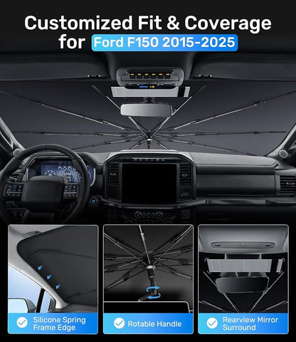 Zanch Upgrade Windshield Sun Shade, Custom Fit for Ford F150 2015-2025 [Titanium-Silver Reflective Coating] Blocks 99% UV & Heat, Sunshade Umbrella for F150 2015 ... 2022 2023 2024 2025