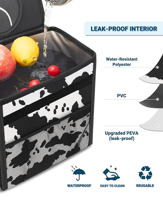 Capolo Car Trash Can with Lid, Leakproof Car Trash Bag Hanging Waterproof Automotive Garbage Can with Storage Pockets Mini Vehicle Trash Bin for Back/Front Seat(Cow Print,3 Gallon)