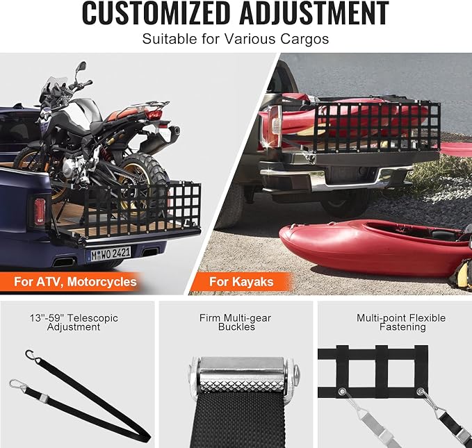 VEVOR Tailgate Net, 60 in x 18 in, Truck Bed Extender Tailgate Cargo Net with 4 Adjustable Buckle Straps, Extendable & Durable, Suitable for Truck, Trailer, Pickup, SUV