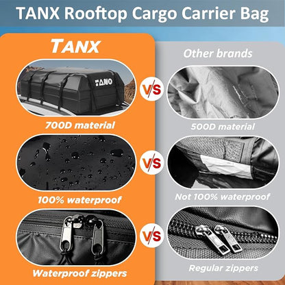 TANX Car Roof Bag - 21 Cubic Feet Rooftop Cargo Carrier, 100% Waterproof for All Cars with/Without Roof Rack, Includes Anti-Slip Mat, 12 Reinforced Straps, 6 Door Hooks, Luggage Lock & Storage Bag